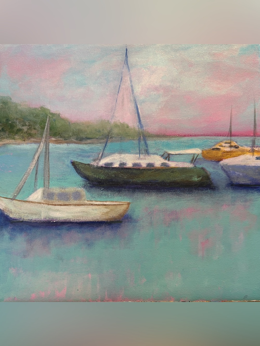 Original hand painted coastal boat scene wall art